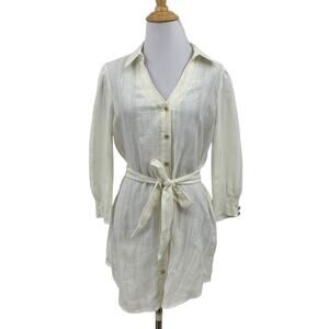 Edme & Esyllte Shirt Dress Womens 4 Ivory Linen Blend Button Up Tie Waist Mini